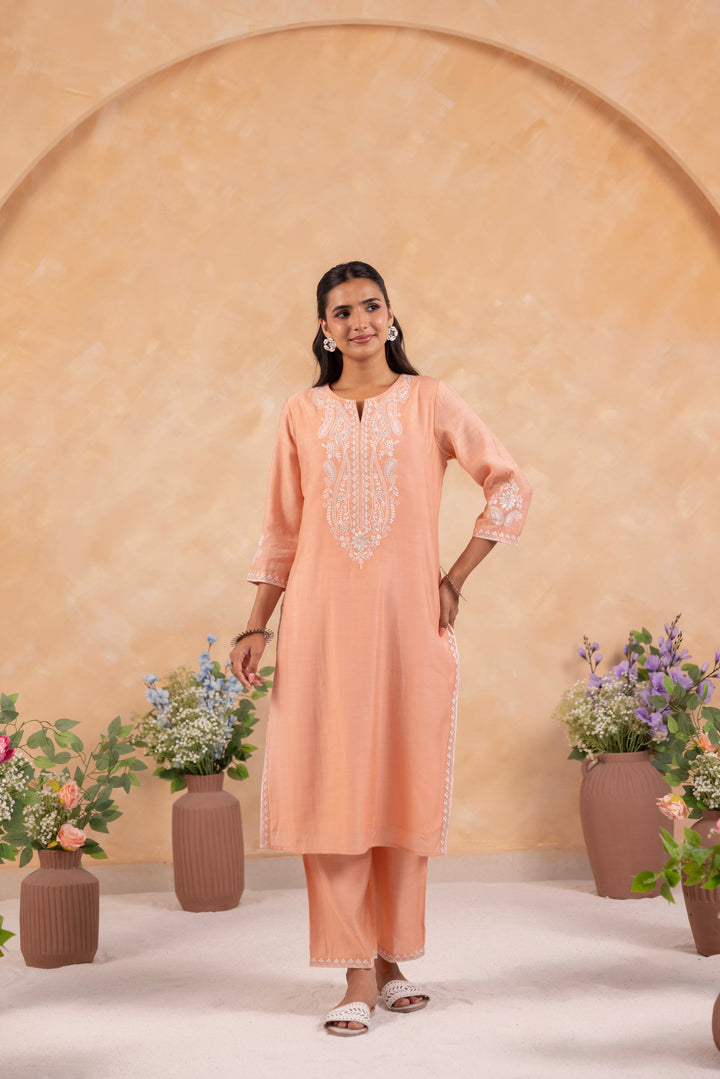 Peach Poly Silk Embroidered Designer Kurta Pant With Dupatta Set
