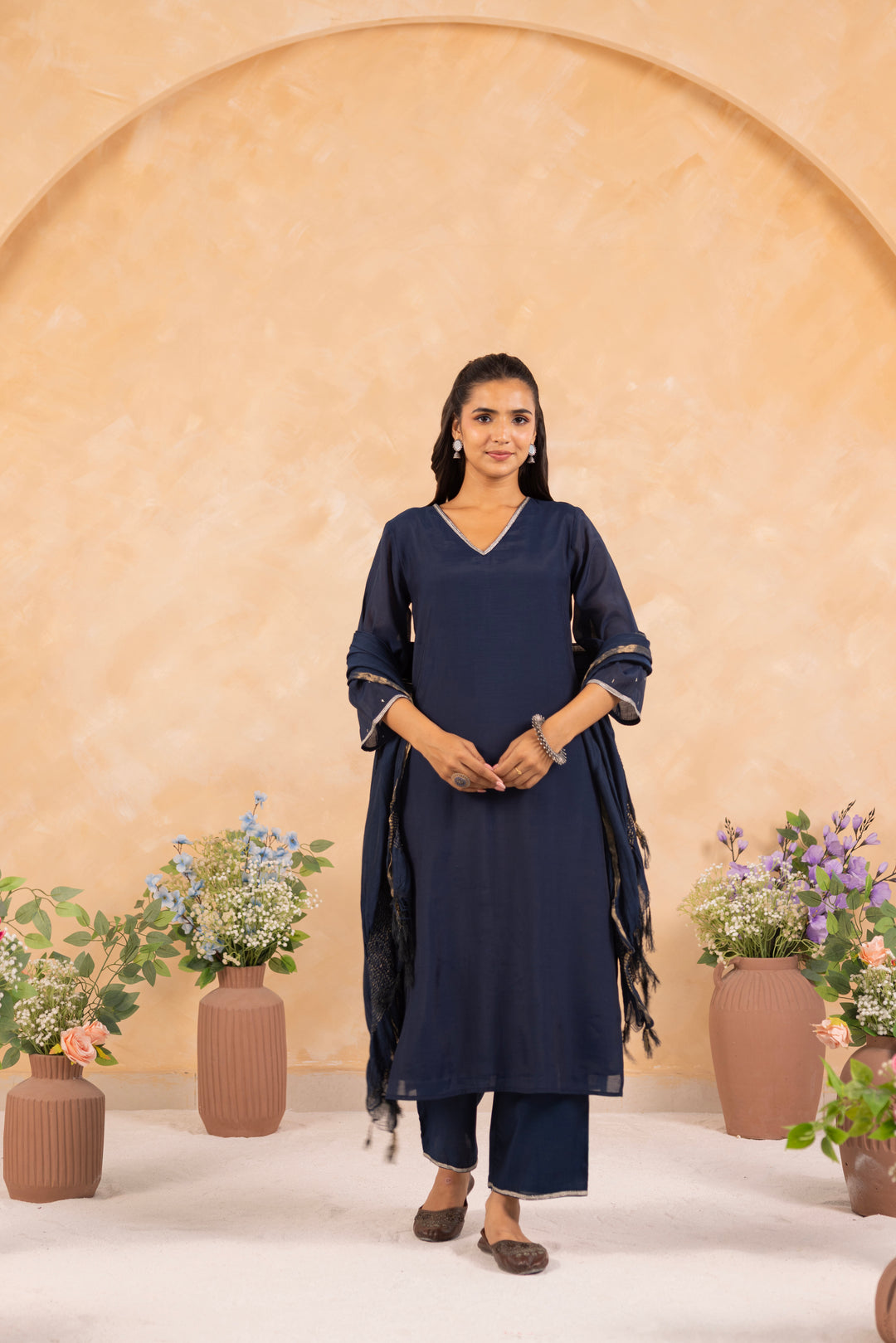 Blue Mal Chanderi Embroidered Designer Kurta Pant And Dupatta Set