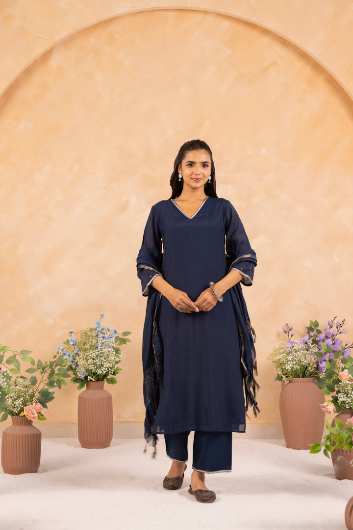 Blue Mal Chanderi Embroidered Designer Kurta Pant And Dupatta Set