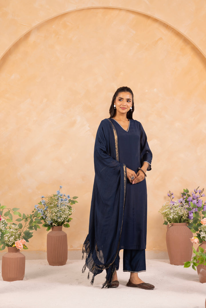 Blue Mal Chanderi Embroidered Designer Kurta Pant And Dupatta Set