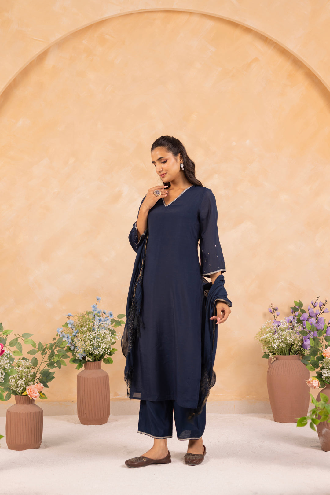 Blue Mal Chanderi Embroidered Designer Kurta Pant And Dupatta Set