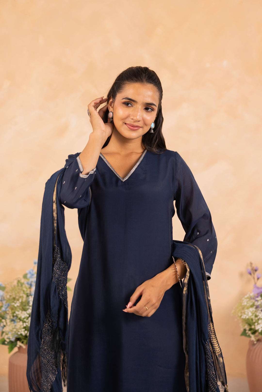 Blue Mal Chanderi Embroidered Designer Kurta Pant And Dupatta Set
