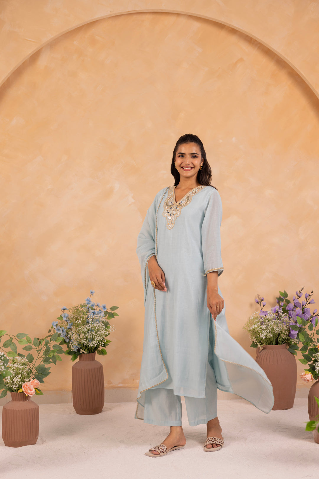 Powder Blue Mul Chanderi Embroidered Designer Kurta Pant With Dupatta Set