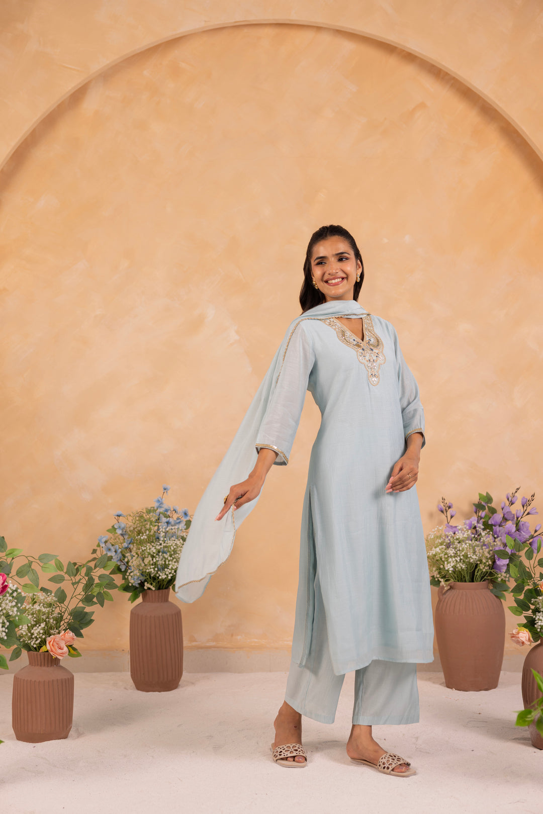 Powder Blue Mul Chanderi Embroidered Designer Kurta Pant With Dupatta Set