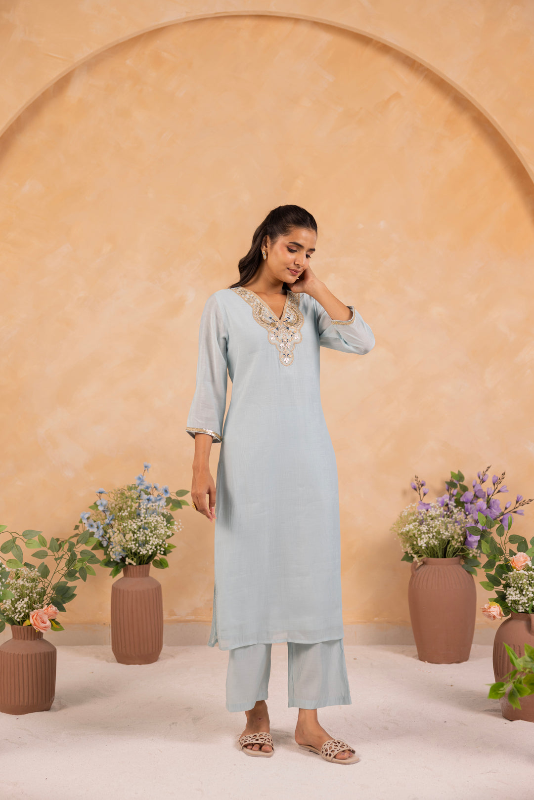 Powder Blue Mul Chanderi Embroidered Designer Kurta Pant With Dupatta Set