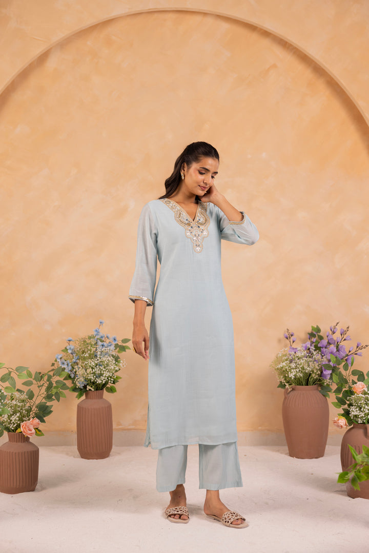 Powder Blue Mul Chanderi Embroidered Designer Kurta Pant With Dupatta Set