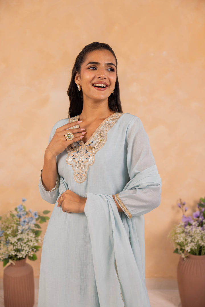 Powder Blue Mul Chanderi Embroidered Designer Kurta Pant With Dupatta Set