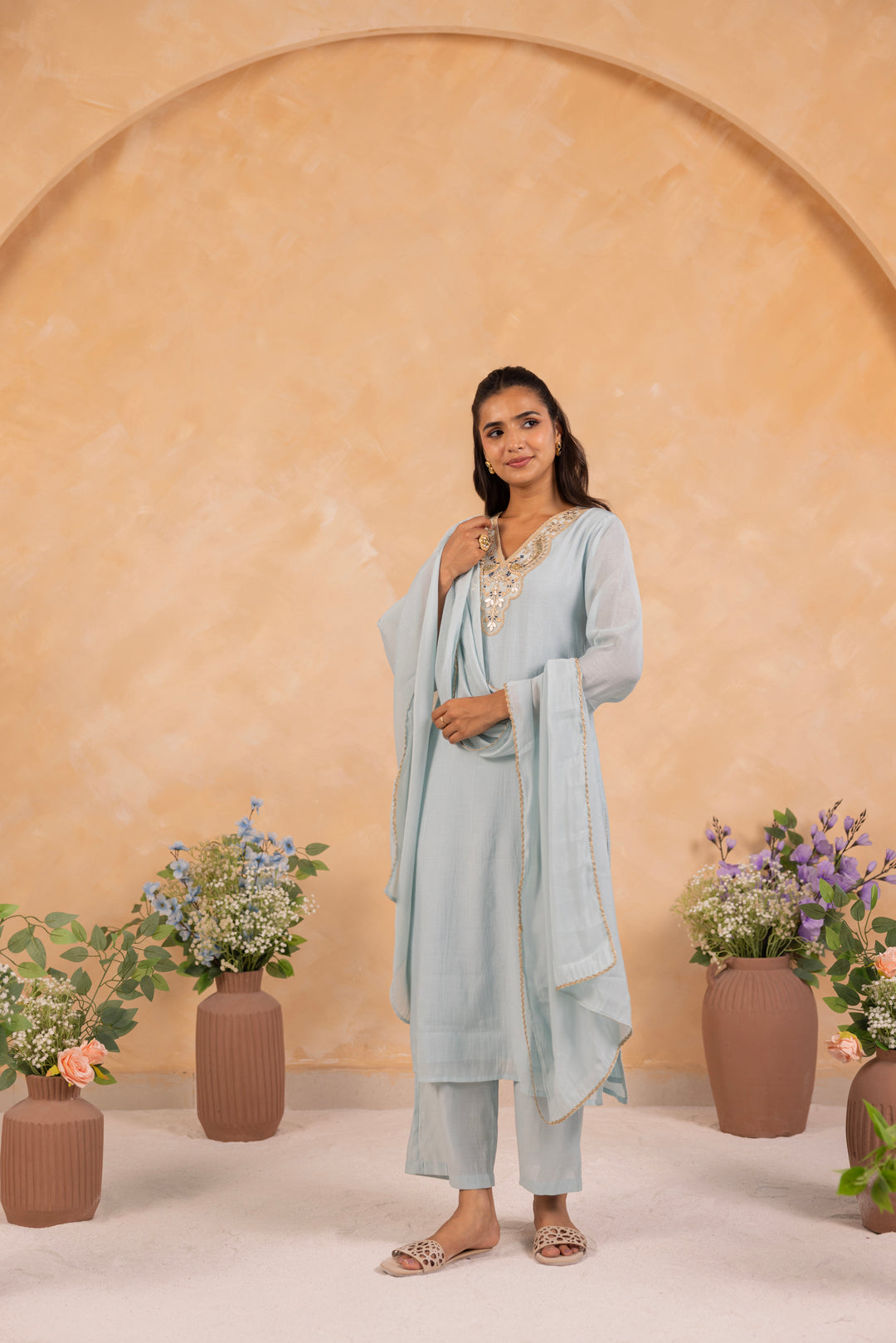 Powder Blue Mul Chanderi Embroidered Designer Kurta Pant With Dupatta Set