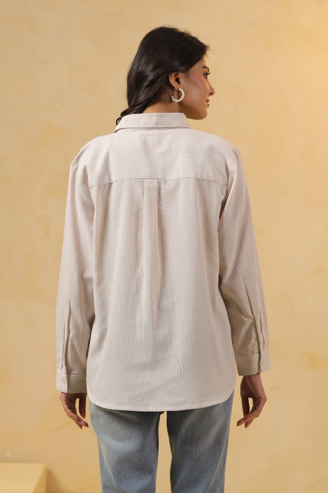 Beige Cotton Stripe Print Shirt Top