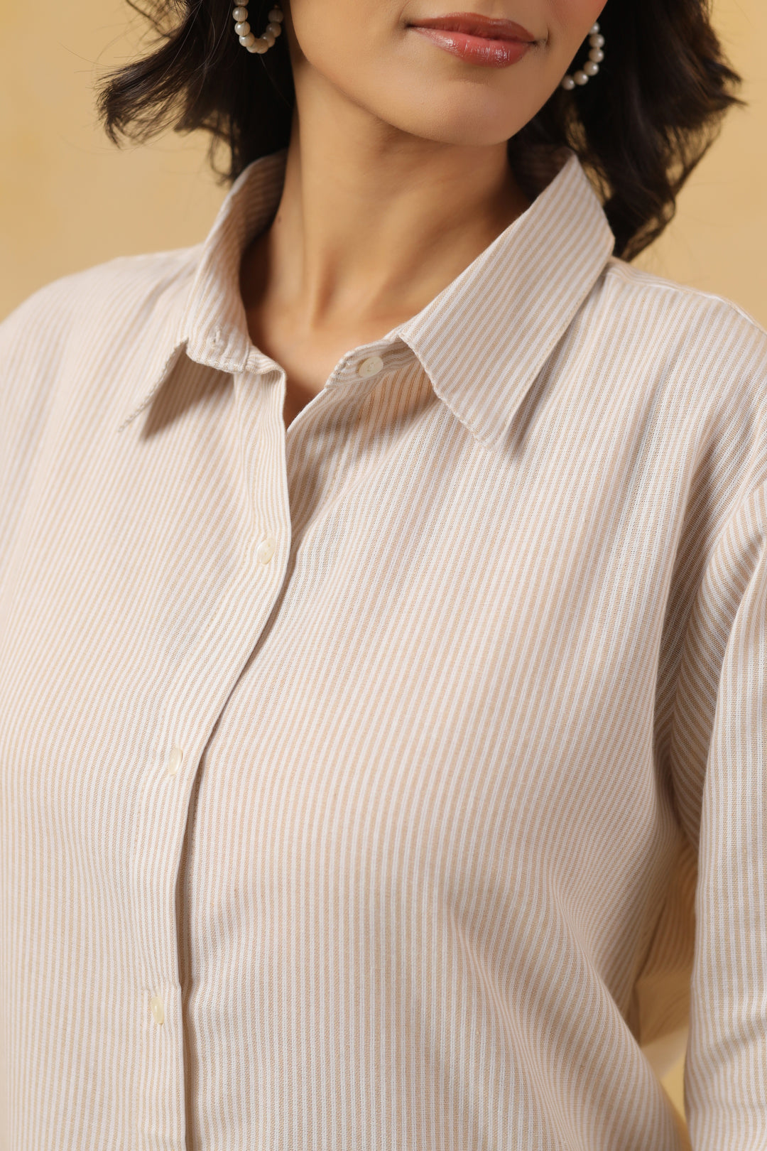 Beige Cotton Stripe Print Shirt Top