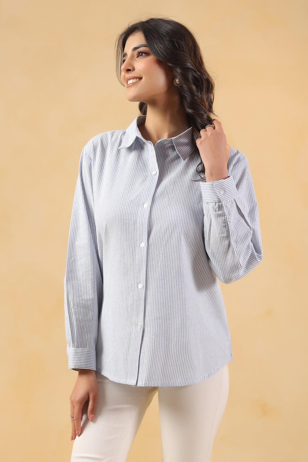 Blue Yarn Dyed Stripe Print Shirt Top