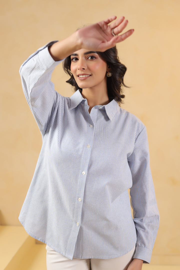 Blue Yarn Dyed Stripe Print Shirt Top