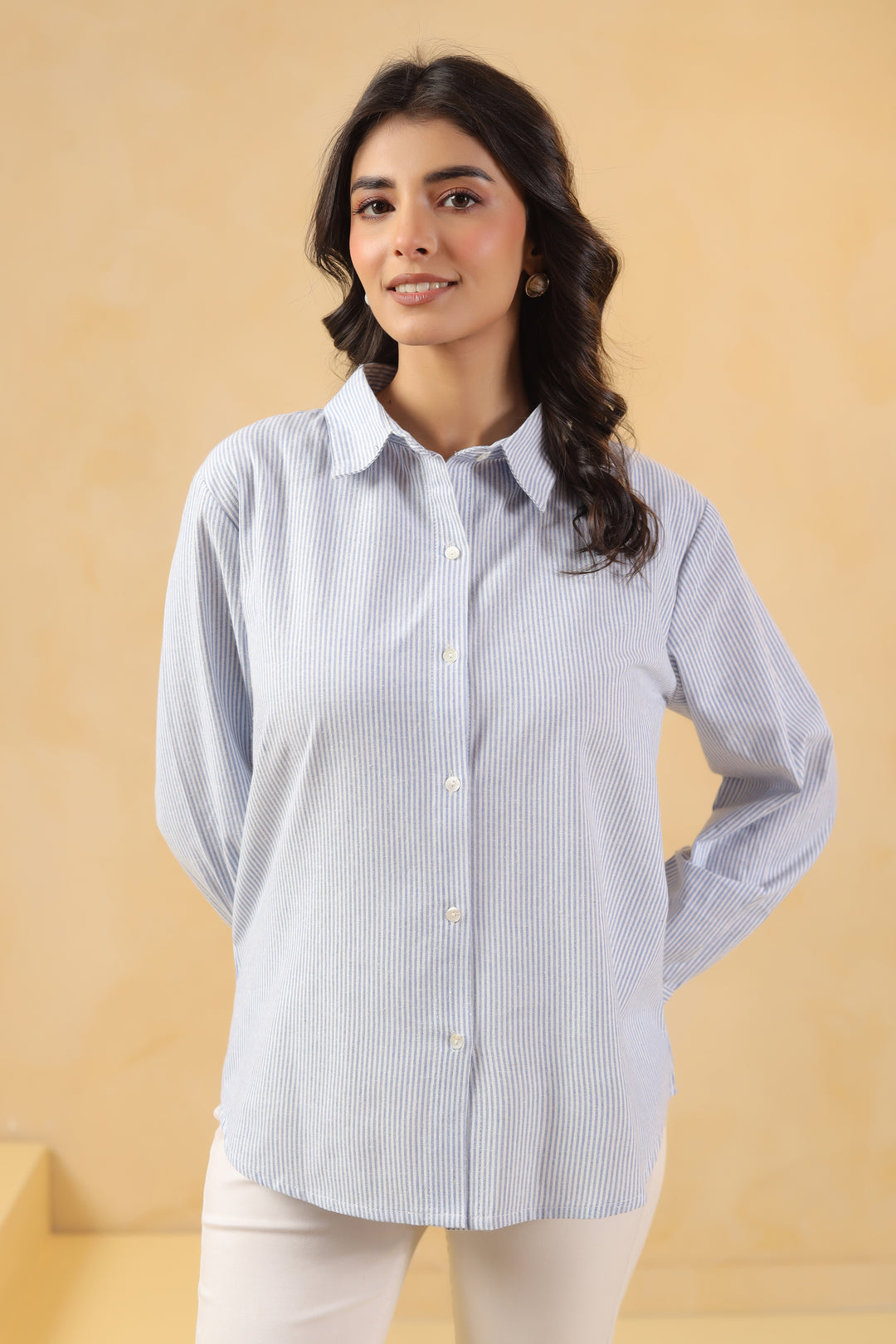 Blue Yarn Dyed Stripe Print Shirt Top