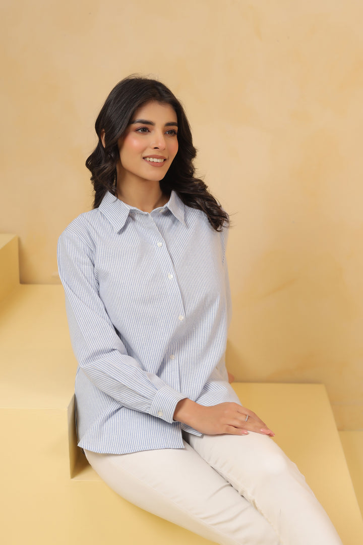 Blue Yarn Dyed Stripe Print Shirt Top