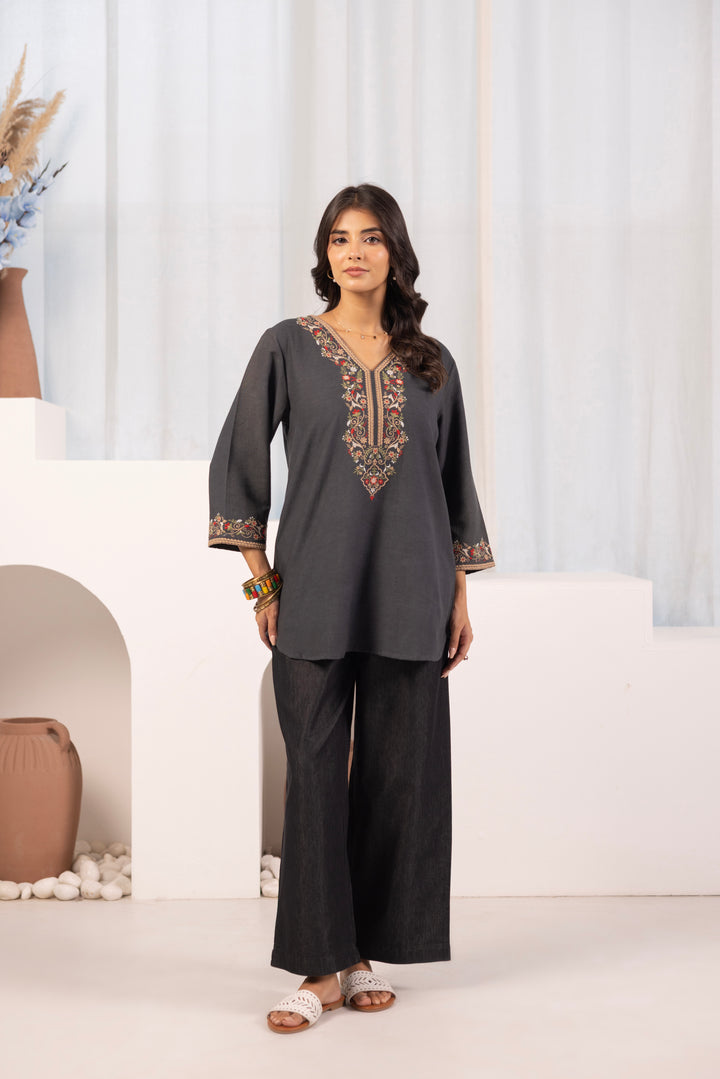 Grey Cotton Embroidered Designer Top