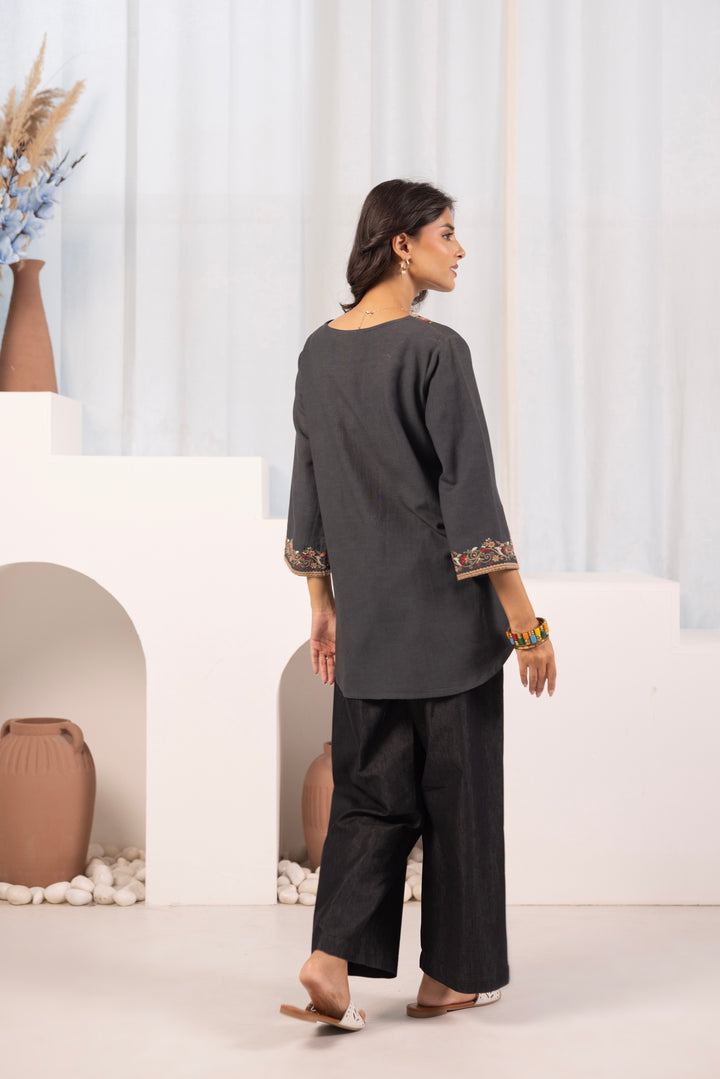 Grey Cotton Embroidered Designer Top