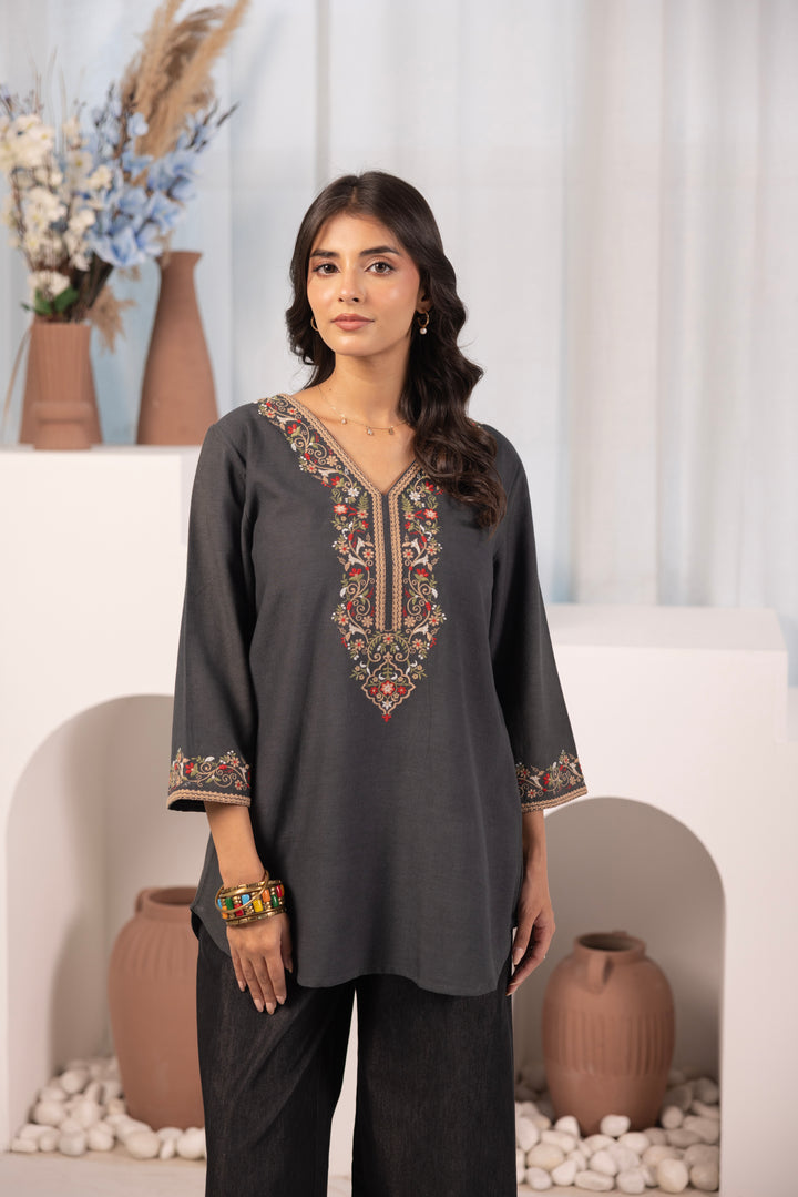 Grey Cotton Embroidered Designer Top
