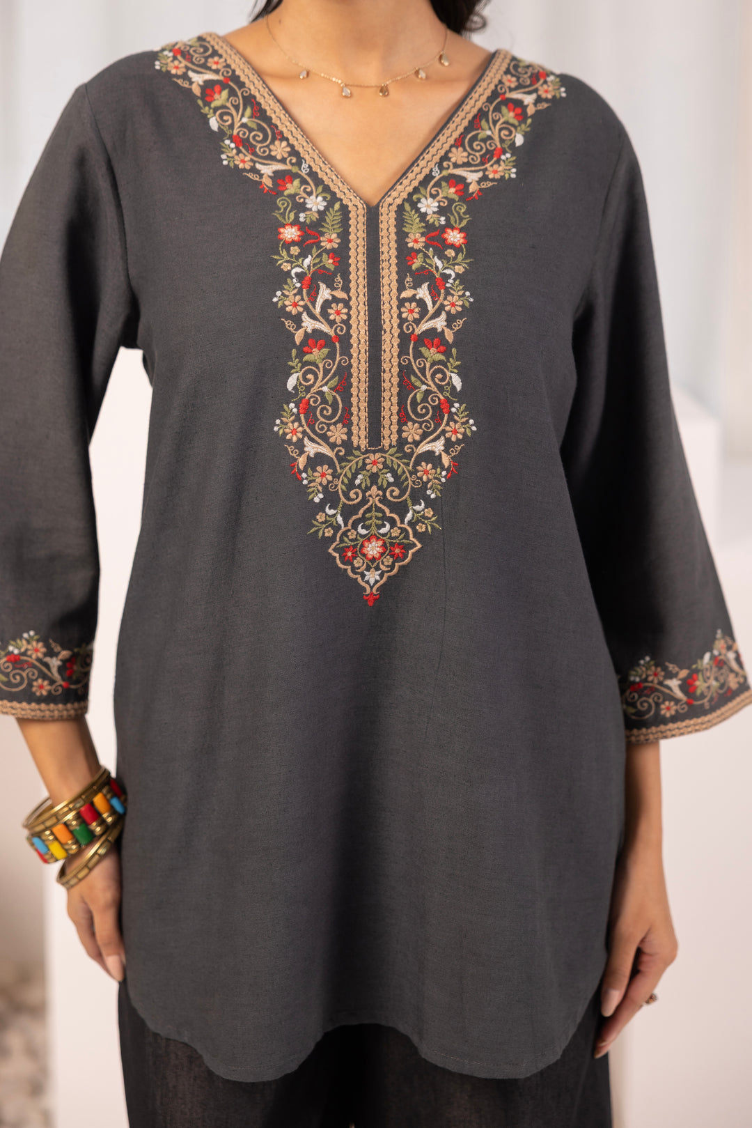 Grey Cotton Embroidered Designer Top