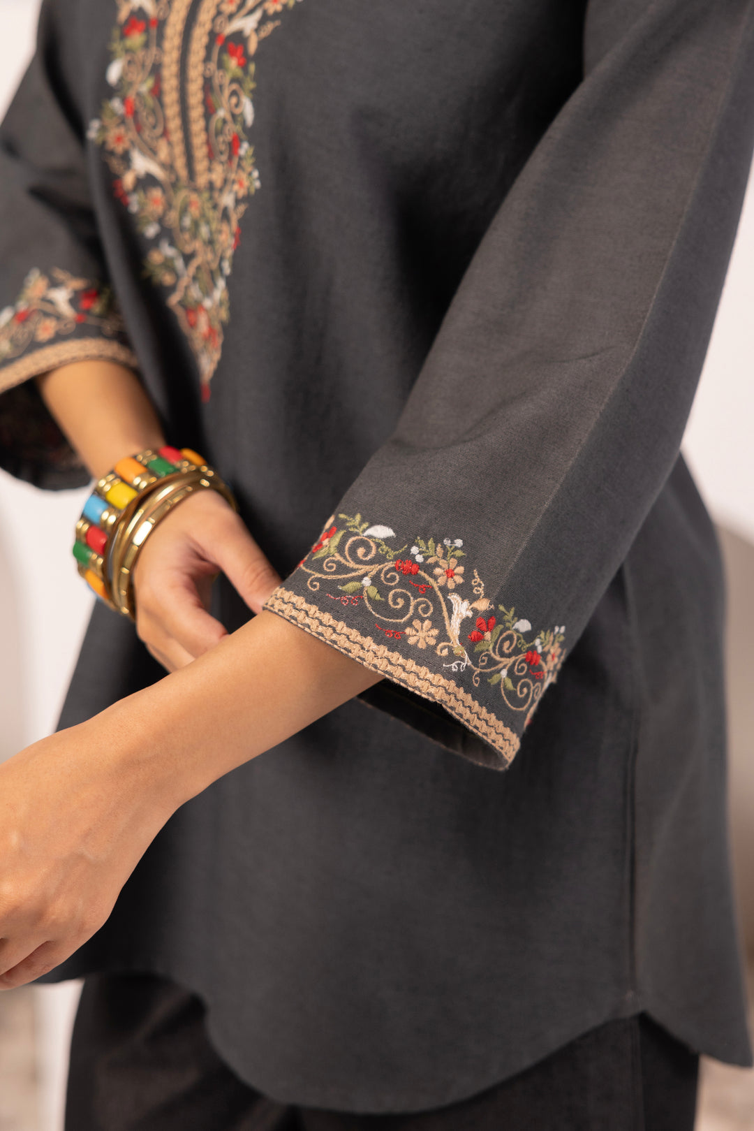Grey Cotton Embroidered Designer Top