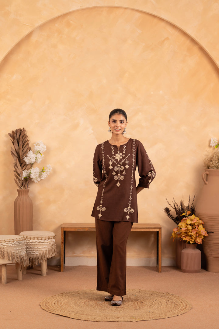 Brown Rayon Embroidered Designer Top