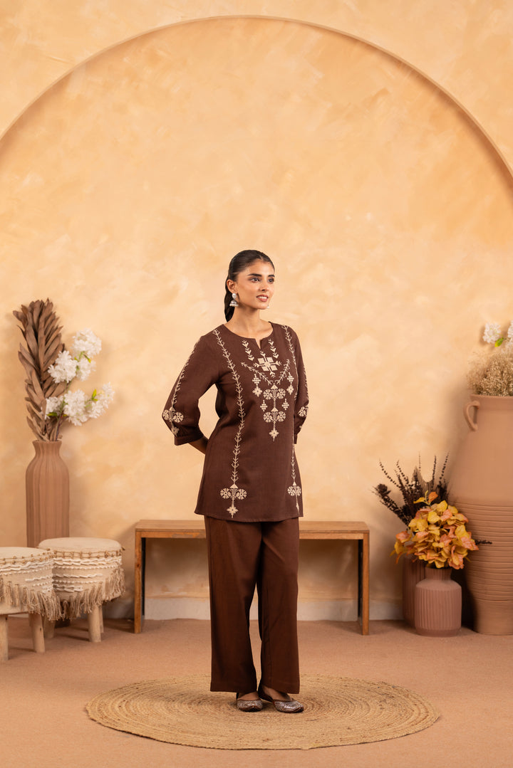Brown Rayon Embroidered Designer Top