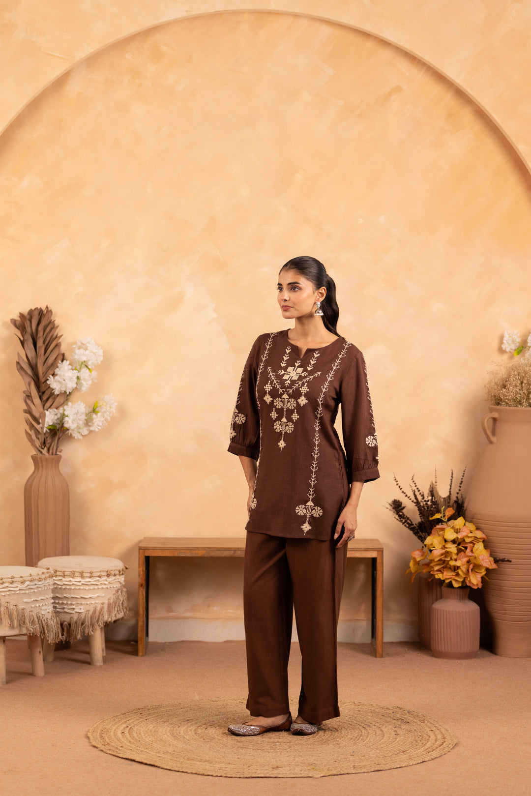 Brown Rayon Embroidered Designer Top