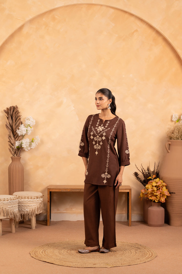 Brown Rayon Embroidered Designer Top