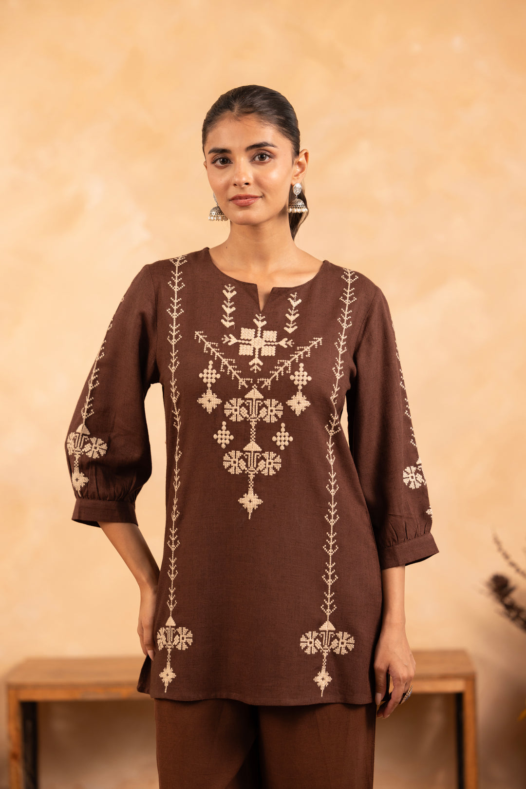 Brown Rayon Embroidered Designer Top