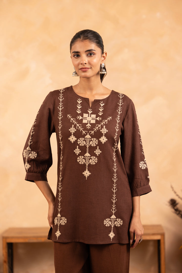 Brown Rayon Embroidered Designer Top