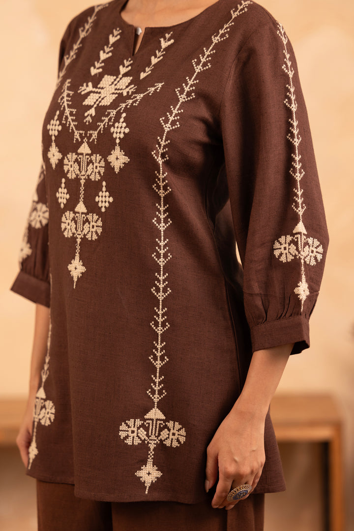 Brown Rayon Embroidered Designer Top