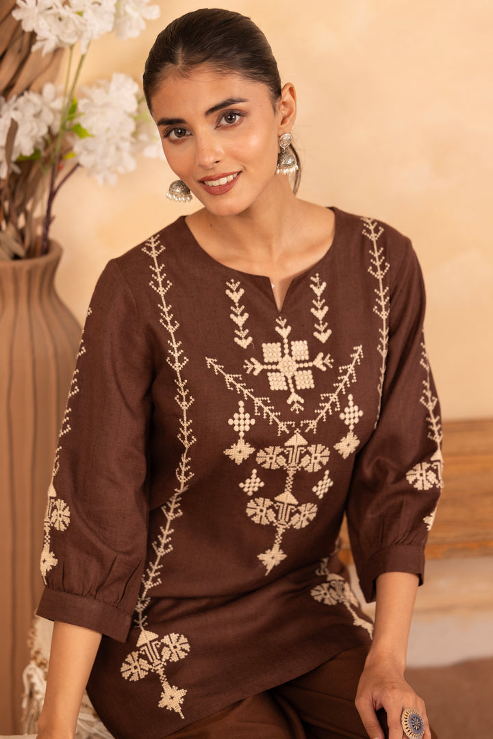 Brown Rayon Embroidered Designer Top