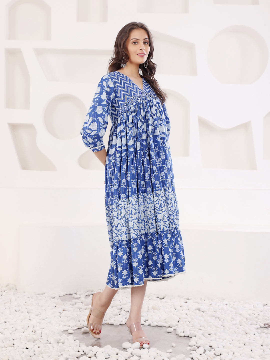 Blue Cotton Lurex A Line Detailed Dress