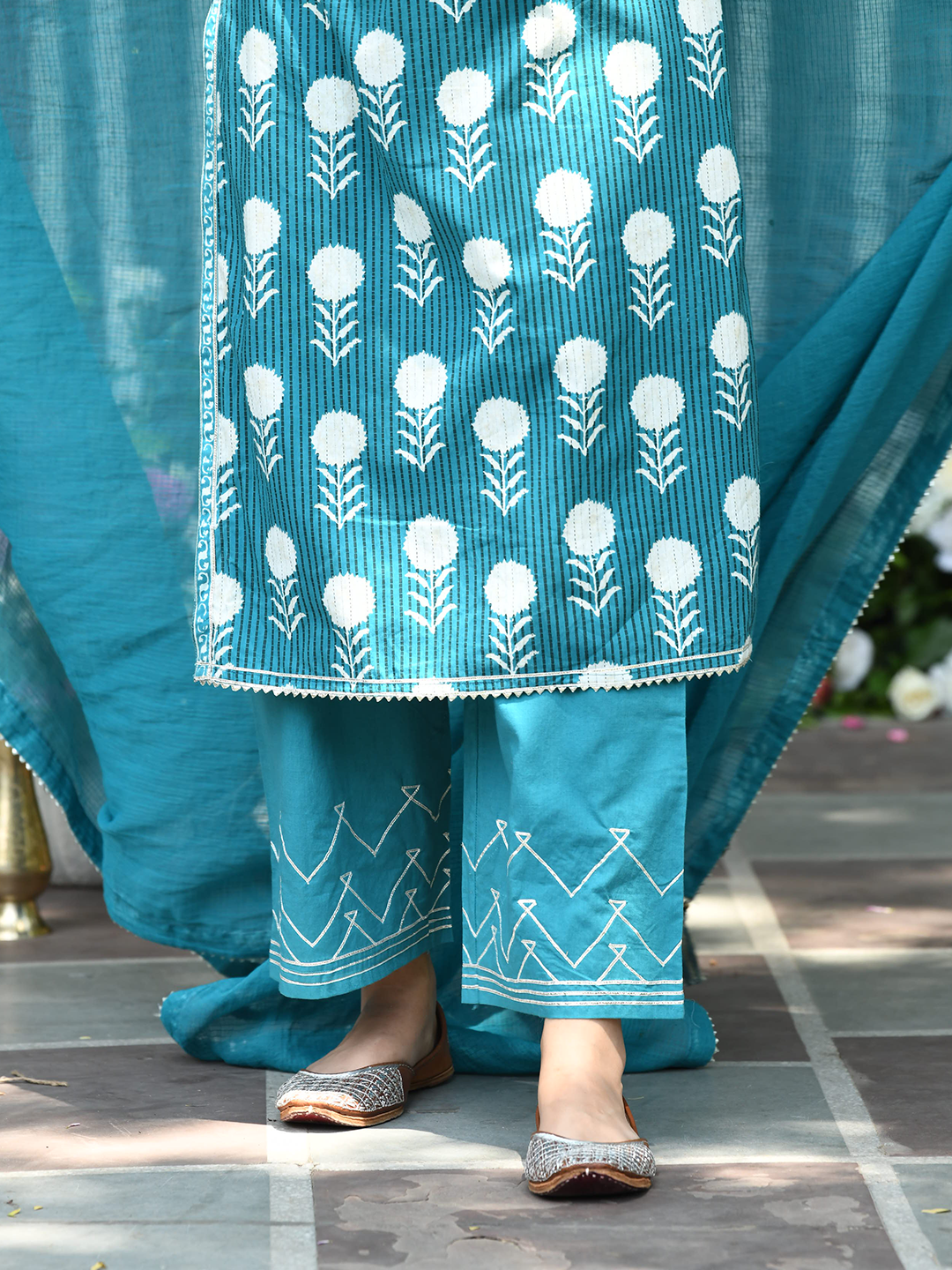 Blue Cotton Printed Embroidered Kurta Suit Set