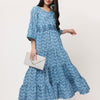 Blue Cotton Printed Tiered Dress