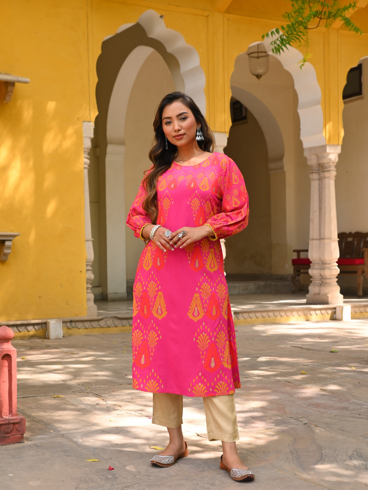 Pink Printed A Line Kurta