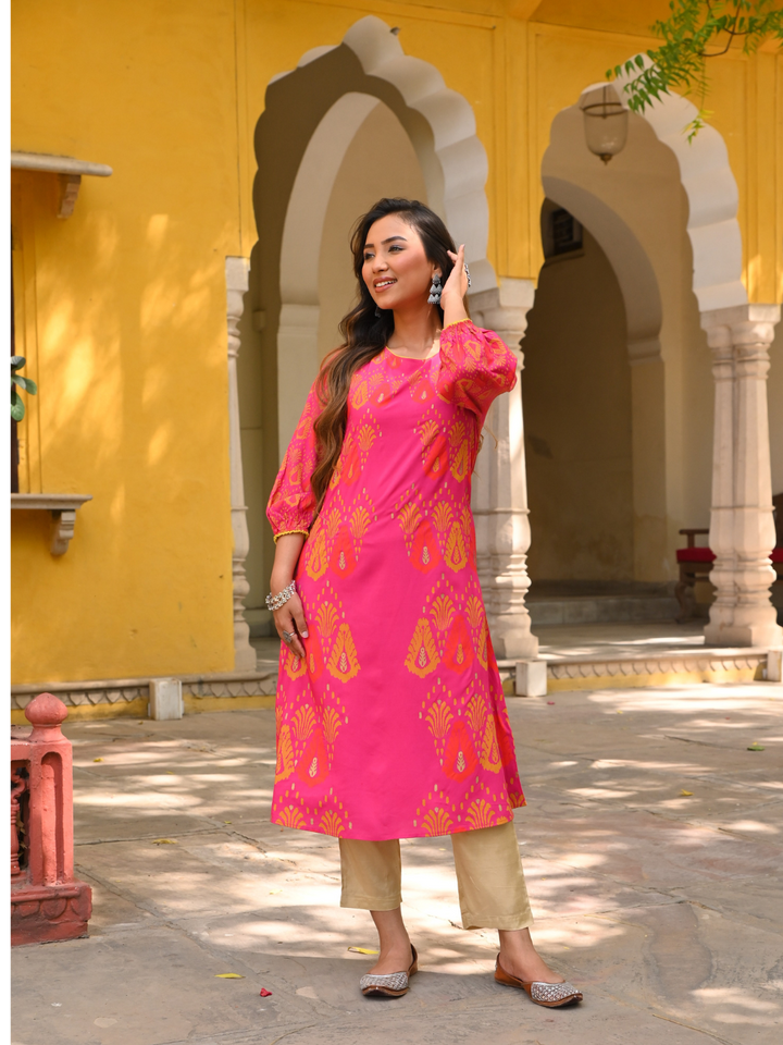 Pink Printed A Line Kurta