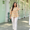 Cotton Yellow Printed Pintuck Tunic Top