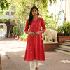 Cotton Red Embroidered A-Line Kurta