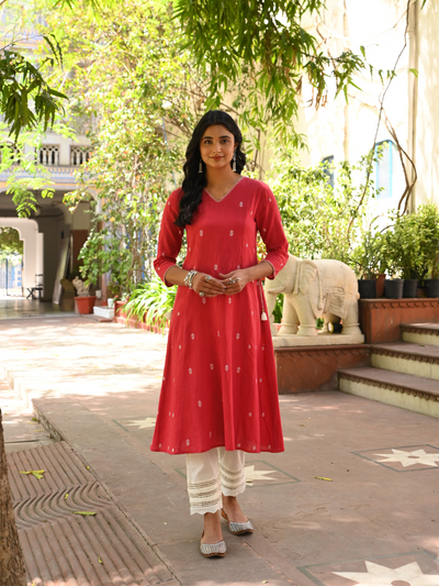 Cotton Red Embroidered A Line Kurta