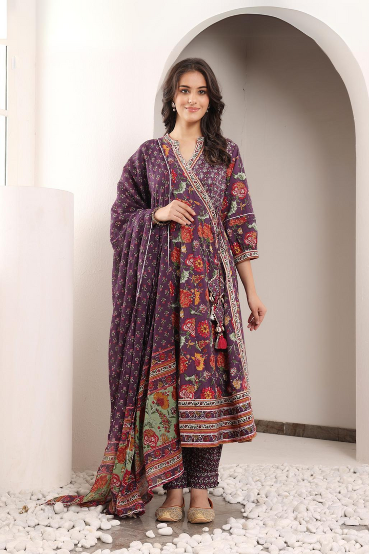 Purple Cotton Printed Embellished Designer Angrakha Suit Set