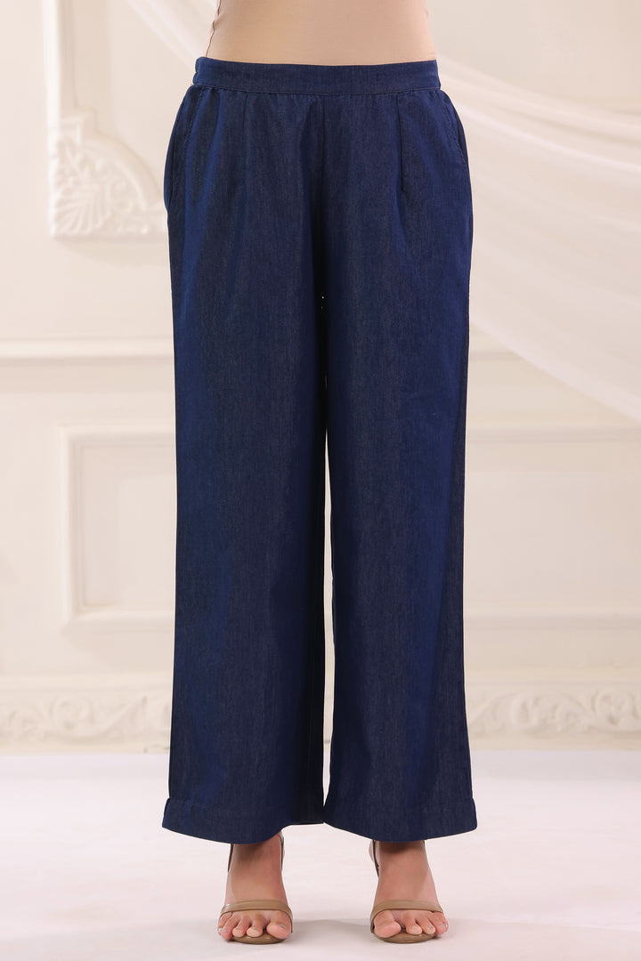 Dark Blue Denim Solid Straight Pant