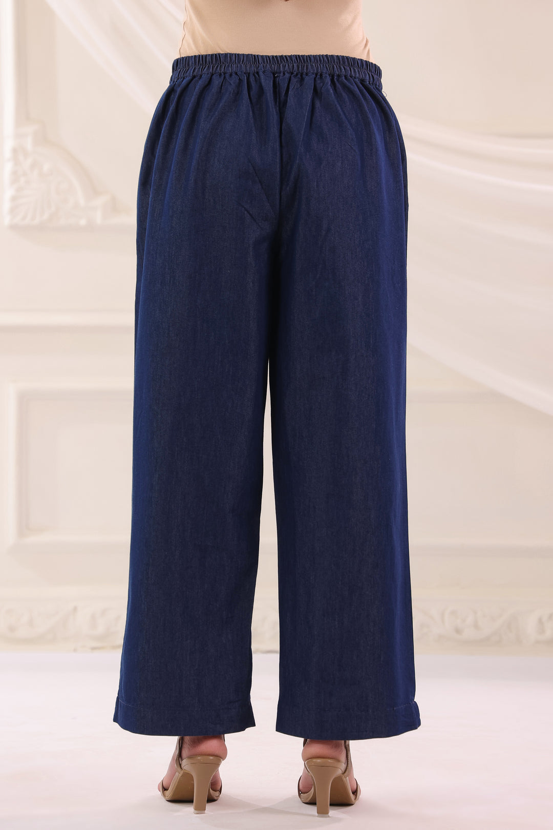 Dark Blue Denim Solid Straight Pant