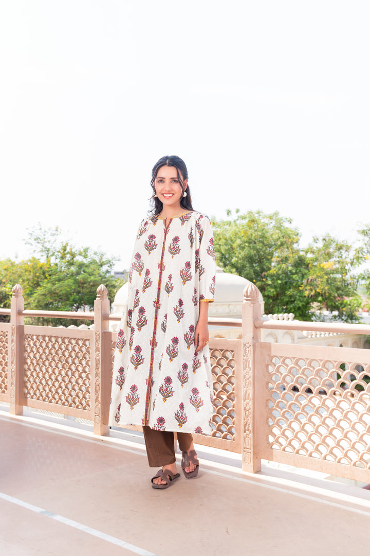 Beige Cotton Dobby Printed A Line Kurta