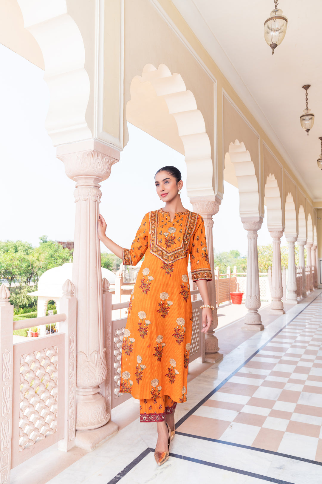 Mustard Cotton Floral Printed Kurta Pant Set With Dupatta