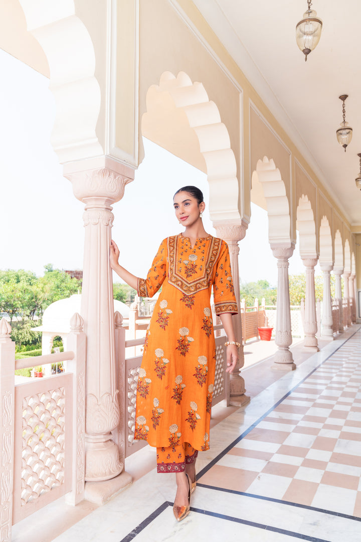 Mustard Cotton Floral Printed Kurta Pant Set With Dupatta
