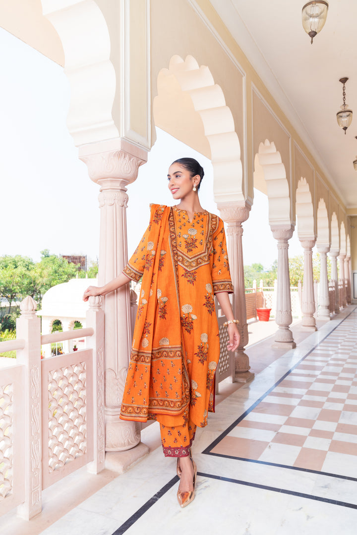 Mustard Cotton Floral Printed Kurta Pant Set With Dupatta