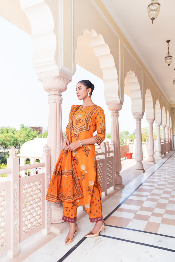 Mustard Cotton Floral Printed Kurta Pant Set With Dupatta