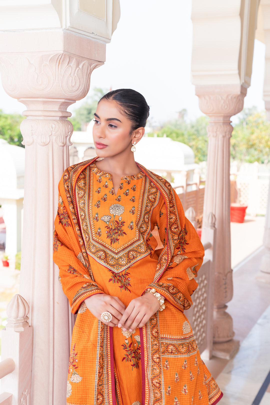 Mustard Cotton Floral Printed Kurta Pant Set With Dupatta
