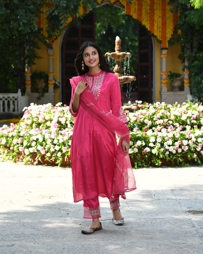 Pink Zari Embroidered Festive Designer Kurta Pant Set With Dupatta