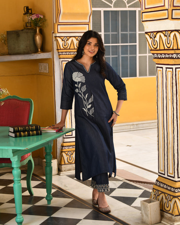 Denim Blue Embroidered Kurta Pant Set